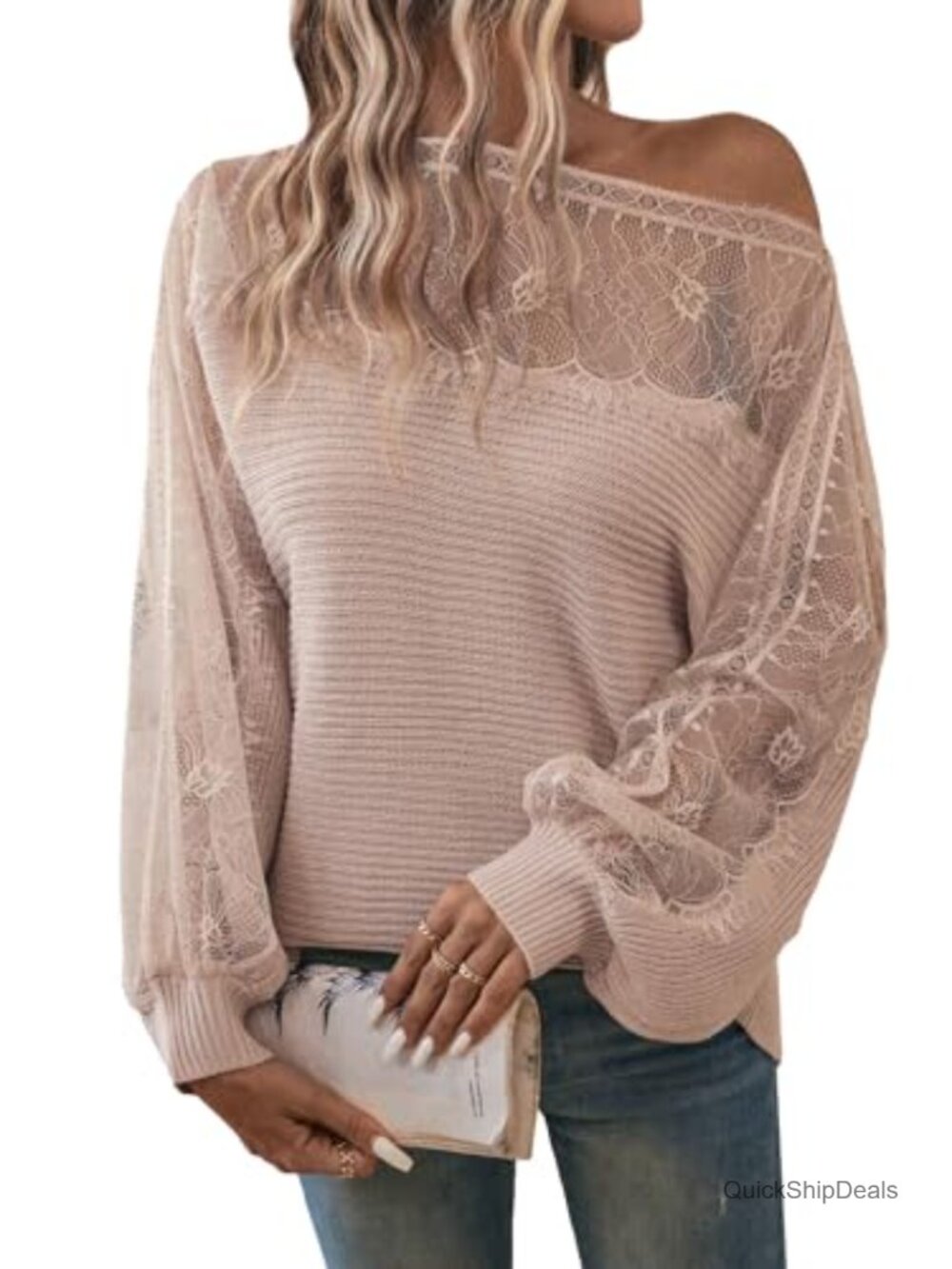 Lace Boat Neck Mesh Long Sleeve Ribbed Knit Pullover Sweater